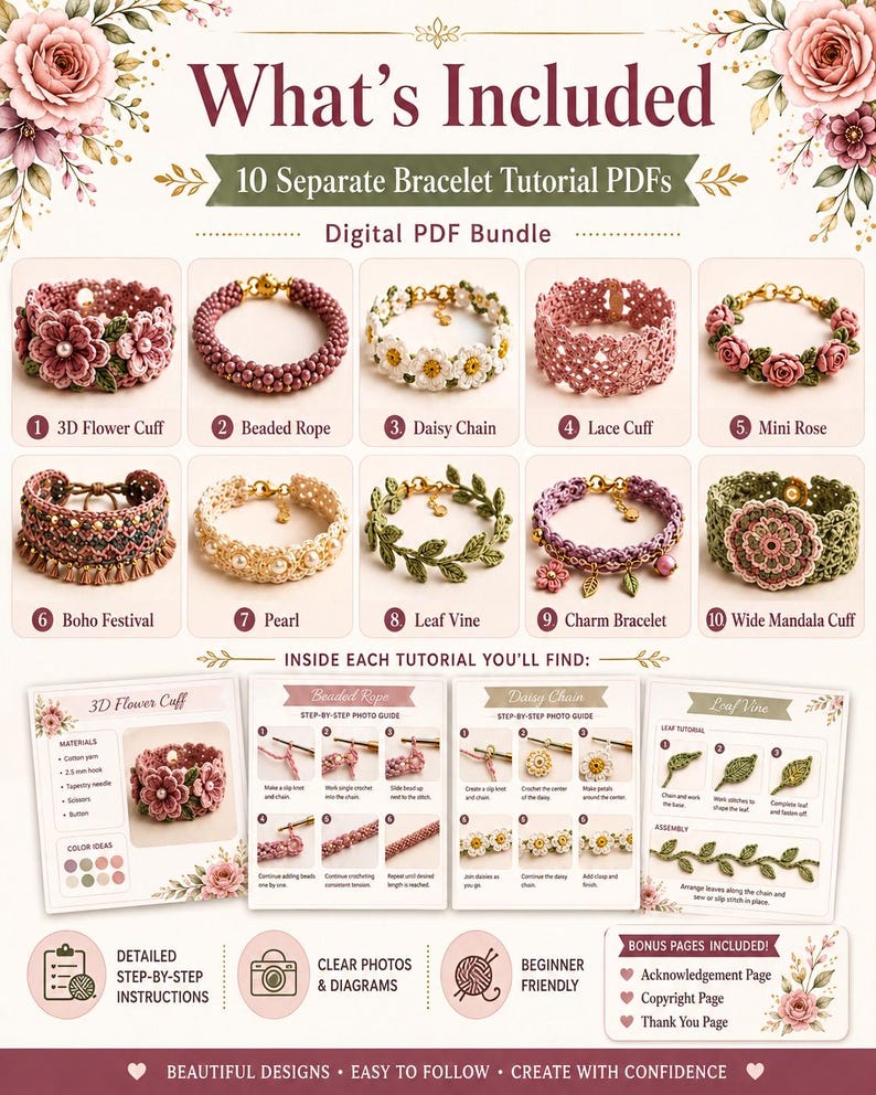 May include: Digital PDF bundle featuring 10 bracelet tutorials. The image showcases various bracelet designs, including floral, beaded, and leaf-themed styles. Each tutorial includes detailed instructions, clear photos, and diagrams. The bundle is beginner-friendly.