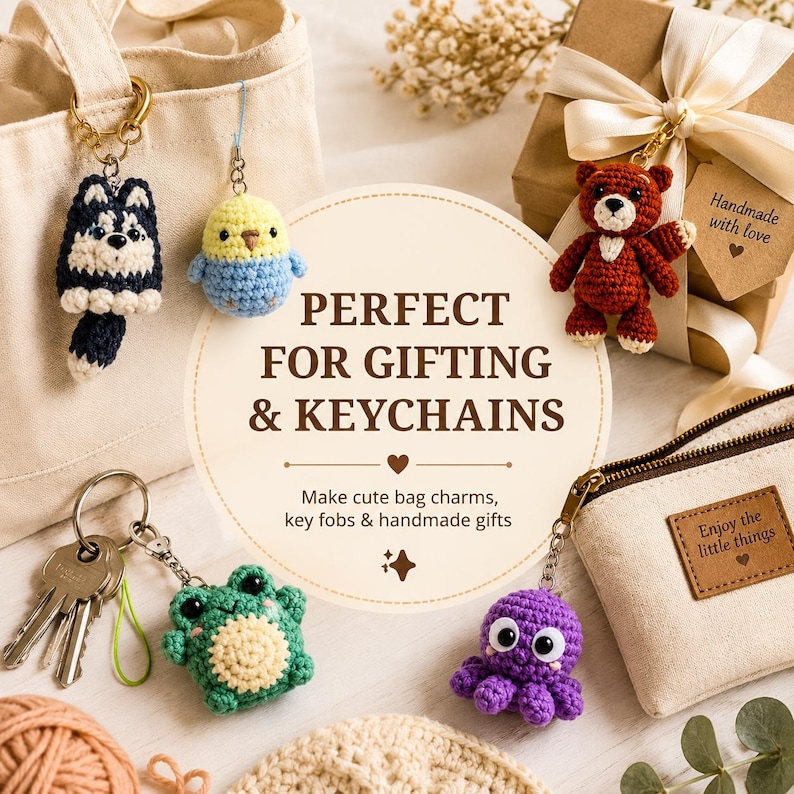 May include: A collection of five crocheted animal keychains including a black and white husky, a yellow and blue bird, a brown bear, a green frog, and a purple octopus, displayed with text reading PERFECT FOR GIFTING & KEYCHAINS.