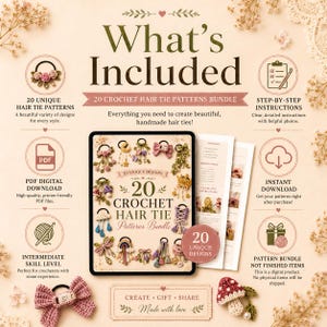 May include: A digital crochet pattern bundle with 20 unique hair tie designs. The image shows a tablet displaying various hair tie patterns, alongside step-by-step instructions and a PDF download option. The bundle is for intermediate skill levels.
