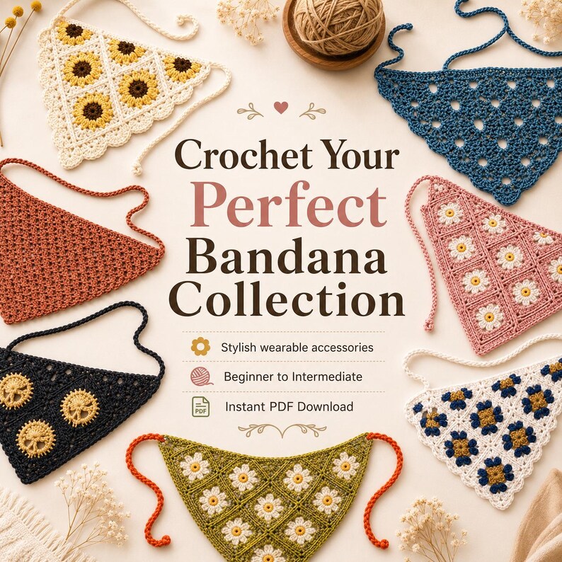 May include: A collection of seven triangular crochet bandanas in various colors and floral patterns, arranged around the text "Crochet Your Perfect Bandana Collection," "Stylish wearable accessories," "Beginner to Intermediate," and "Instant PDF Download."