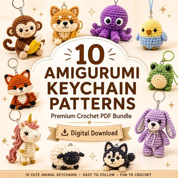 10 Mini Crochet Animal Keychain Patterns | Emotional Amigurumi PDF Bundle