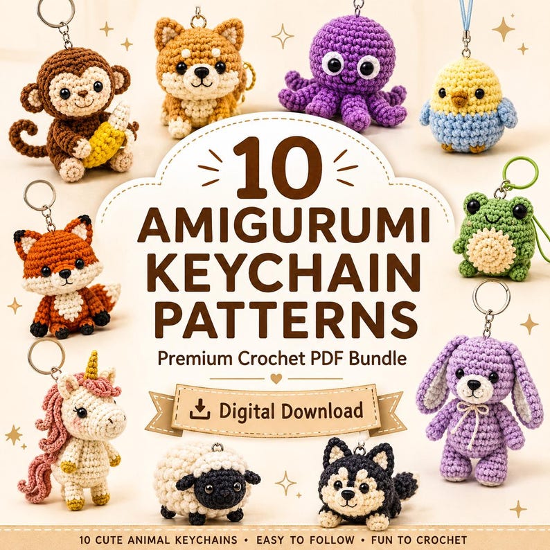 10 Mini Crochet Animal Keychain Patterns | Emotional Amigurumi PDF Bundle image 1