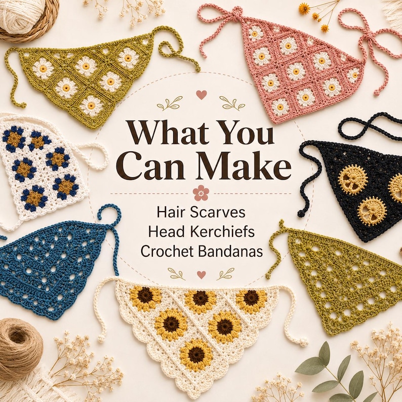 May include: A collection of triangular crochet bandanas in various colors including olive green, dusty pink, black, blue, and cream with floral motifs. The center text reads: What You Can Make, Hair Scarves, Head Kerchiefs, Crochet Bandanas.