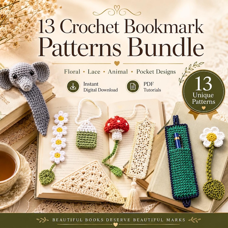 13 Crochet Bookmark Patterns Bundle | Floral Lace Animal Pocket Pattern ...
