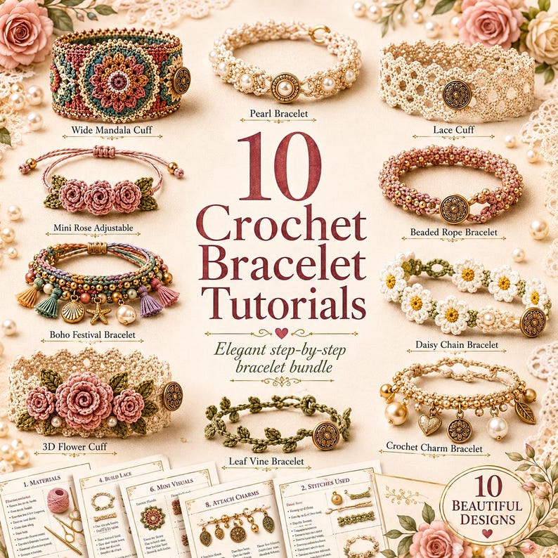 May include: A collection of ten crochet bracelet tutorials, showcasing various designs. The image features bracelets with pearls, flowers, and intricate patterns. Text includes "10 Crochet Bracelet Tutorials" and "Elegant step-by-step bracelet bundle."