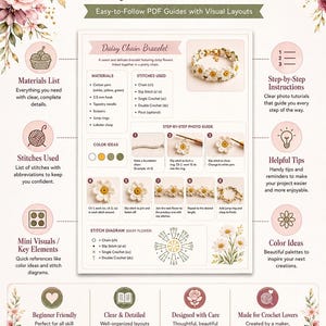 May include: A crochet tutorial guide titled "Every Tutorial Includes" with step-by-step instructions for a daisy chain bracelet. The guide includes a materials list, stitch diagrams, color ideas, and helpful tips for beginner to advanced crocheters.