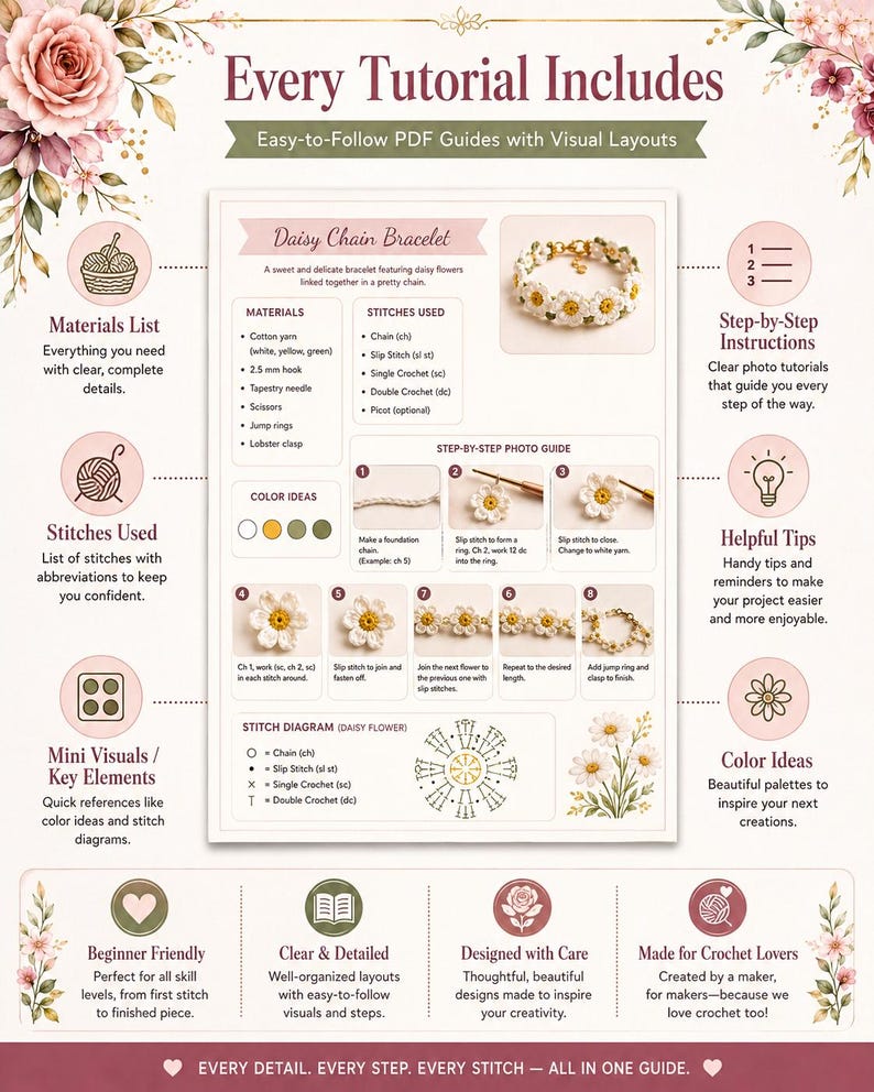 May include: A crochet tutorial guide titled "Every Tutorial Includes" with step-by-step instructions for a daisy chain bracelet. The guide includes a materials list, stitch diagrams, color ideas, and helpful tips for beginner to advanced crocheters.