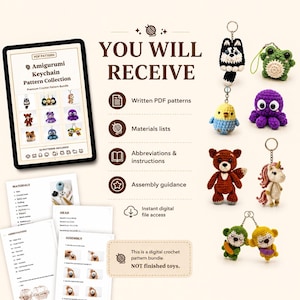 May include: A digital crochet pattern bundle featuring written PDF instructions, materials lists, abbreviations, and assembly guidance. The image displays a tablet showing the Amigurumi Keychain Pattern Collection, printed pages, and finished crochet keychains including a husky, frog, bird, octopus, bear, unicorn, and monkeys.