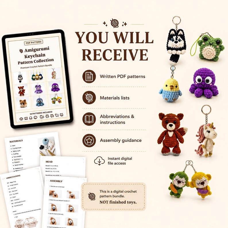 May include: A digital crochet pattern bundle featuring written PDF instructions, materials lists, abbreviations, and assembly guidance. The image displays a tablet showing the Amigurumi Keychain Pattern Collection, printed pages, and finished crochet keychains including a husky, frog, bird, octopus, bear, unicorn, and monkeys.