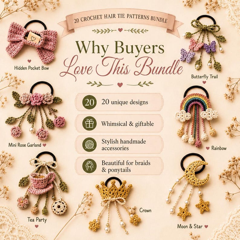 May include: An image displaying a collection of crochet hair tie patterns. Designs include a bow, floral garland, butterflies, a rainbow, a crown, and a moon and star. The text reads "20 Crochet Hair Tie Patterns Bundle."