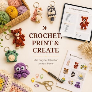 May include: A collection of crochet amigurumi keychains including a unicorn, husky, bear, frog, and octopus, alongside a basket of yarn, a tablet displaying a fox pattern, a printed pattern guide, a 2.5mm crochet hook, scissors, and stitch markers.
