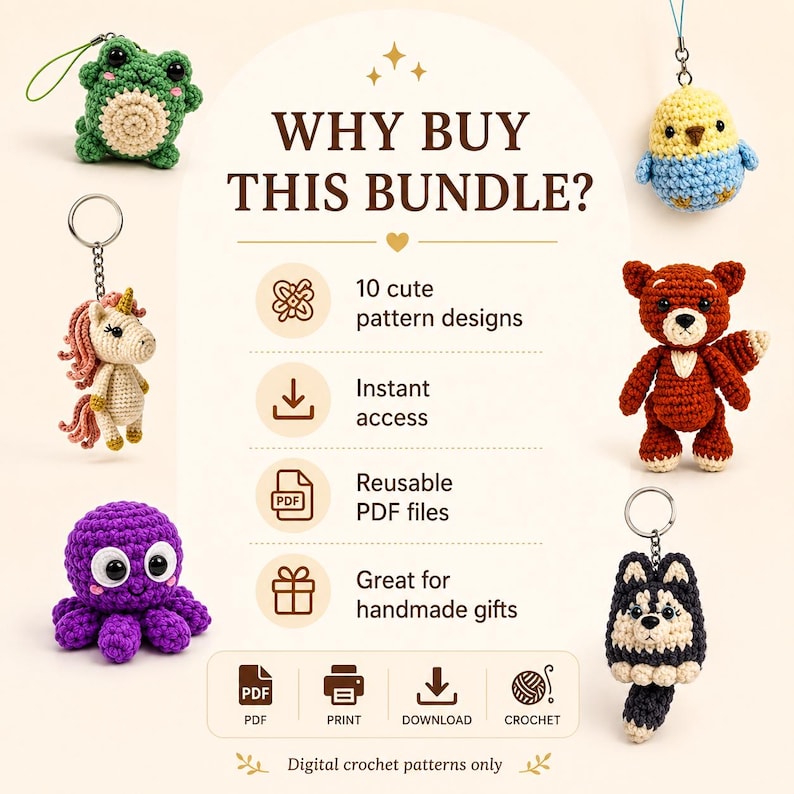 May include: A digital crochet pattern bundle featuring text that reads WHY BUY THIS BUNDLE, 10 cute pattern designs, Instant access, Reusable PDF files, and Great for handmade gifts. Surrounding the text are six crocheted amigurumi figures.