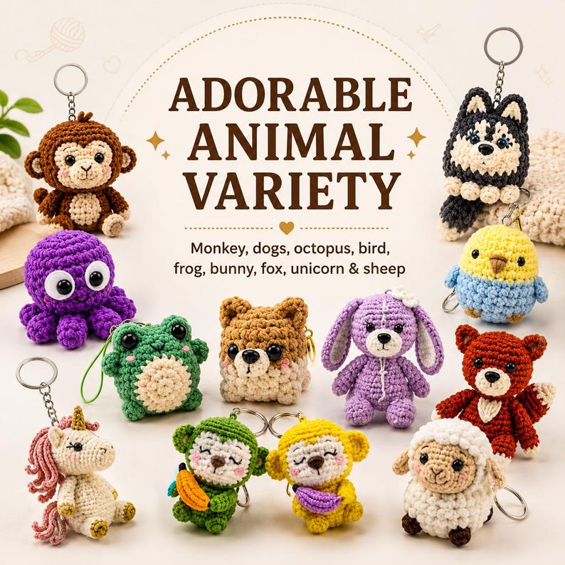 May include: A collection of crocheted animal keychains featuring a monkey, purple octopus, green frog, brown dog, purple bunny, black and white husky, yellow bird, red fox, unicorn, and white sheep, with text reading ADORABLE ANIMAL VARIETY.