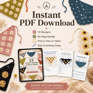 May include: A digital crochet pattern bundle featuring 13 bandana designs. The 64-page PDF includes instructions for various styles like sunflower, skull, and lace motifs. The image displays several finished crocheted bandanas in colors like olive, blue, pink, cream, and black, alongside printed pattern pages.