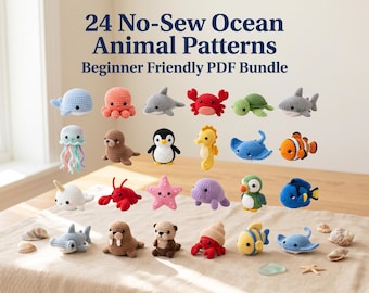 DIY Mini Sea Creatures Crochet Collection, No-Sew Amigurumi Patterns - 24 Pack