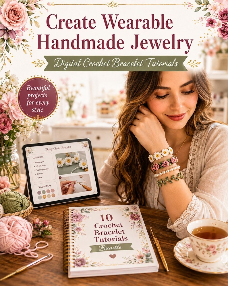 May include: A woman with long brown hair is seated at a wooden table, wearing several crochet bracelets. The image features a tablet displaying a crochet tutorial, a book titled "10 Crochet Bracelet Tutorials Bundle," and floral decorations. The text reads "Create Wearable Handmade Jewelry."