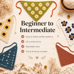 May include: Five triangular crochet bandanas in various colors and patterns surround text that reads Beginner to Intermediate, Easy-to-follow written patterns, US crochet terms, Adjustable sizes, and Ties & finishing included with a heart icon.