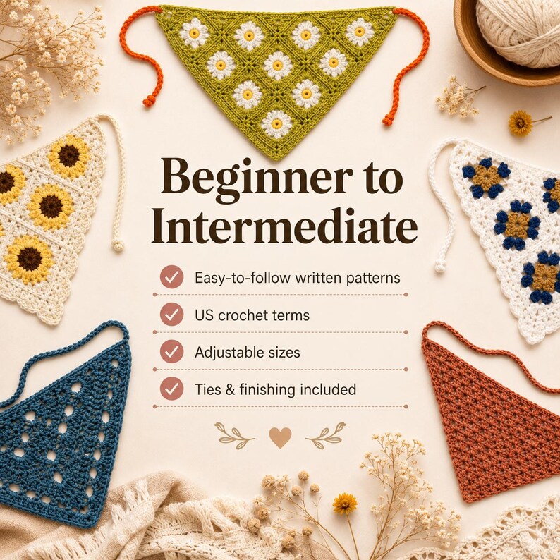 May include: Five triangular crochet bandanas in various colors and patterns surround text that reads Beginner to Intermediate, Easy-to-follow written patterns, US crochet terms, Adjustable sizes, and Ties & finishing included with a heart icon.