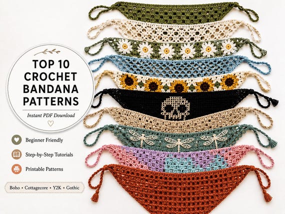 Top 10 Crochet Bandana Pattern Bundle | DIY Granny, Boho, Fishnet, Floral Scarf | PDF Tutorial