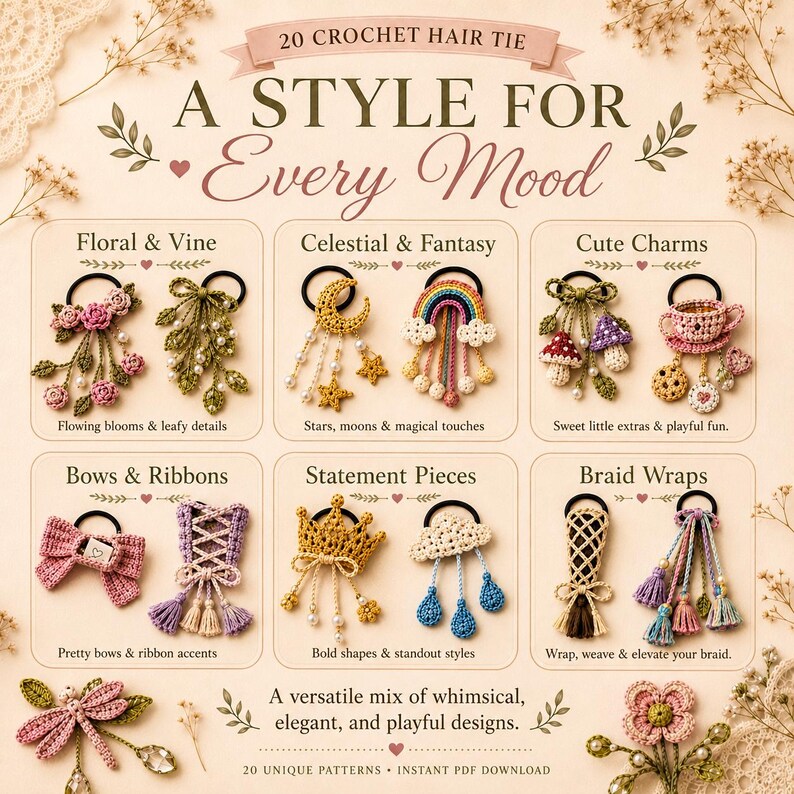 May include: An image showcasing various crochet hair ties, including floral, celestial, and braid wrap designs. The text reads "A Style For Every Mood" and "20 Crochet Hair Tie". Each design is unique, with whimsical and playful elements.
