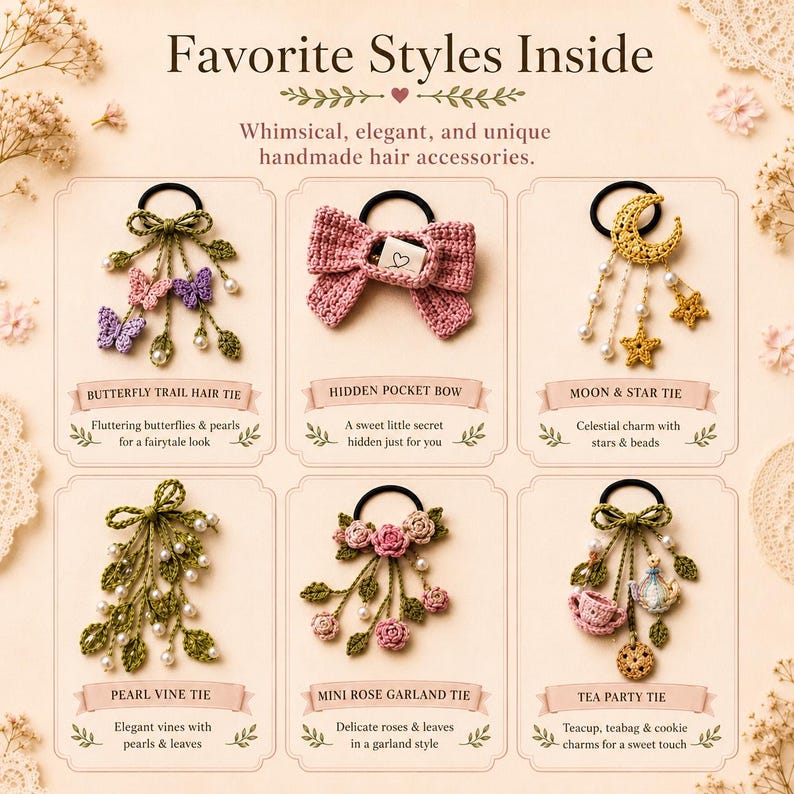 May include: Image featuring six handmade hair accessories, including a butterfly hair tie, a pink bow, and a moon and star tie. Also shown are a pearl vine tie, a mini rose garland tie, and a tea party tie. Text reads "Favorite Styles Inside".