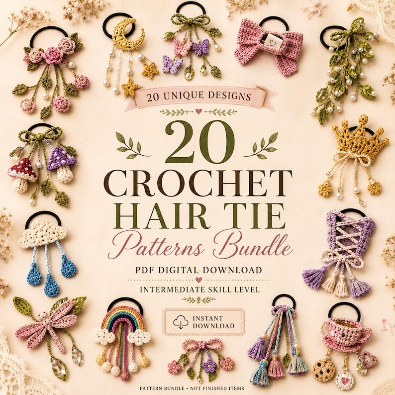 May include: An image showcasing 20 crochet hair tie patterns, including floral, bow, and mushroom designs. The image displays a variety of colourful, handmade hair accessories, with the text "20 CROCHET HAIR TIE Patterns Bundle" and "PDF DIGITAL DOWNLOAD".