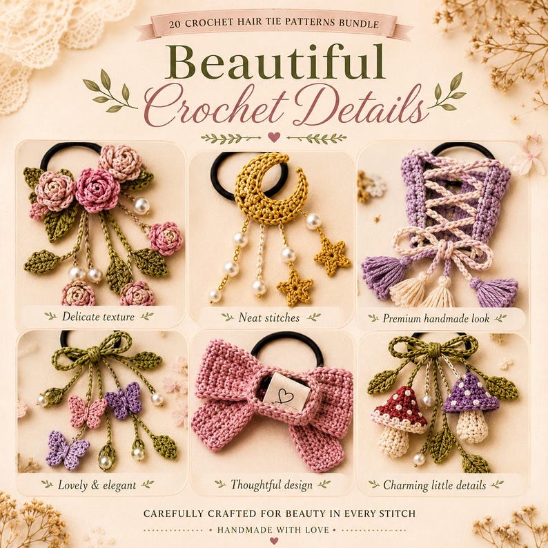May include: A selection of handmade crochet hair tie patterns. The image displays diverse designs, such as floral, celestial, bow, and mushroom motifs. Each hair tie features intricate details and is carefully crafted. The colour palette includes pink, purple, green, and gold accents.