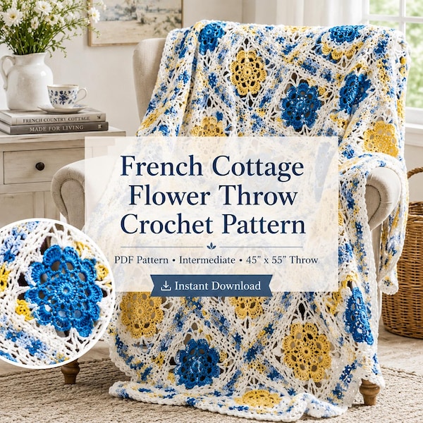 French Cottage Flower Throw Crochet Pattern, Vintage Lace Afghan (PDF Download)