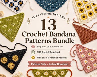 13 Crochet Bandana Patterns Bundle , DIY Hair Kerchief & Head Scarf Designs, Intermediate – PDF Download