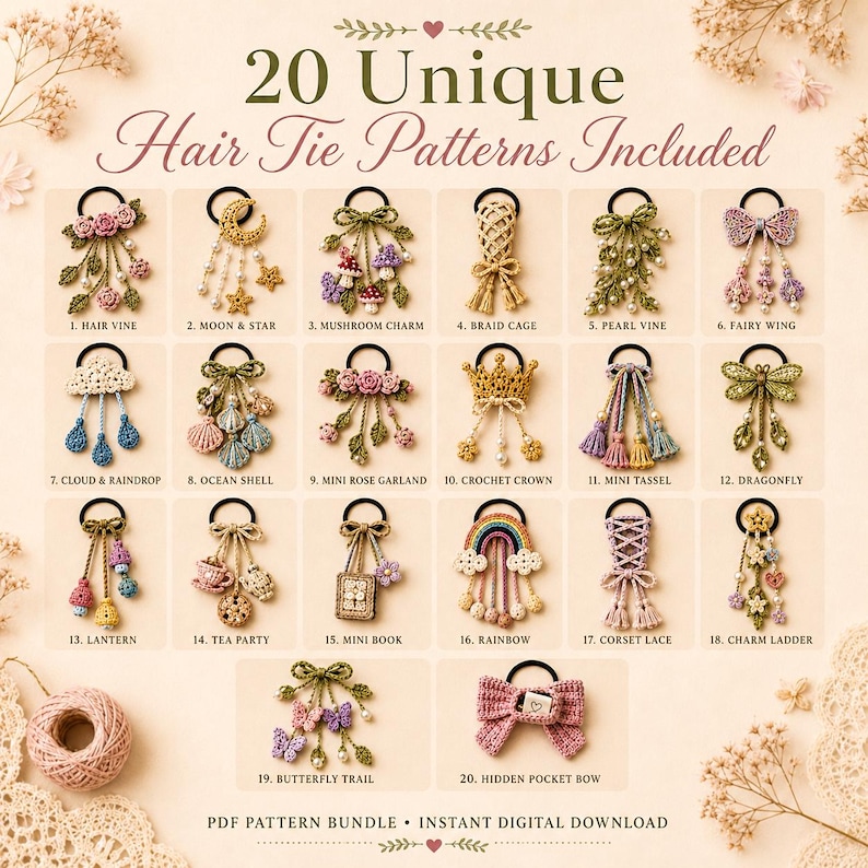 May include: An image showcasing 20 unique crochet hair tie patterns, including floral, celestial, and whimsical designs. The text reads "20 Unique Hair Tie Patterns Included" and "PDF Pattern Bundle &bull; Instant Digital Download."