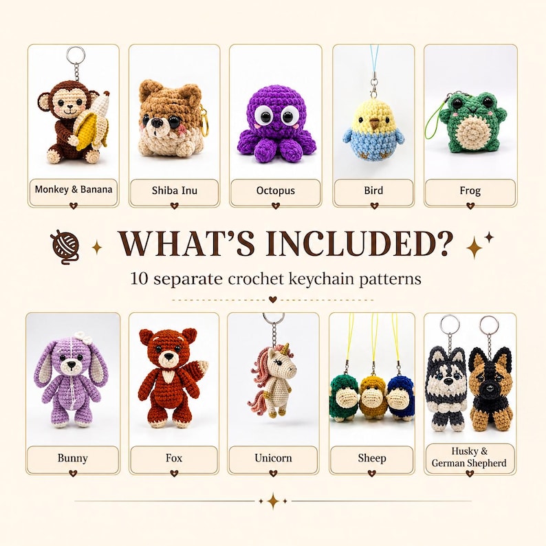 May include: A collection of 10 crochet keychain patterns featuring a monkey with a banana, Shiba Inu, octopus, bird, frog, bunny, fox, unicorn, sheep, and dog breeds. The text reads WHAT'S INCLUDED? 10 separate crochet keychain patterns.