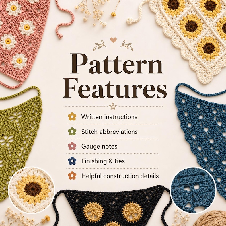 May include: A crochet pattern information graphic featuring text Pattern Features and a list of details including written instructions, stitch abbreviations, gauge notes, finishing and ties, and construction details, surrounded by various crochet bandanas.