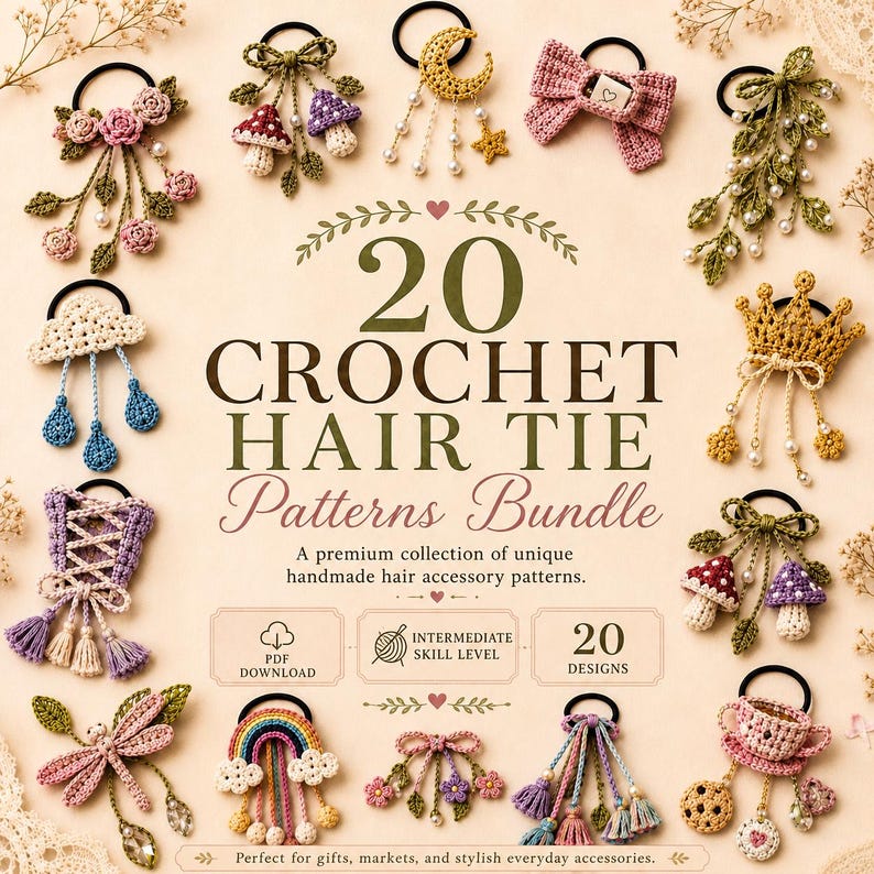 May include: An image showcasing 20 crochet hair tie patterns. The designs include bows, mushrooms, crowns, and floral motifs. The text reads "20 Crochet Hair Tie Patterns Bundle". The patterns are for handmade hair accessories.