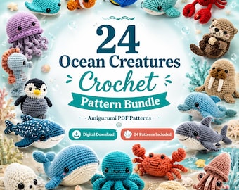 24 Ocean Creatures Crochet Pattern Bundle | Intermediate Amigurumi Sea Animal Plushie | PDF Download