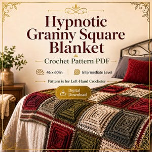 May include: A digital download crochet pattern PDF for a Hypnotic Granny Square Blanket. The text indicates a finished size of 46 x 60 inches, an intermediate skill level, and that the pattern is specifically designed for a left-hand crocheter.