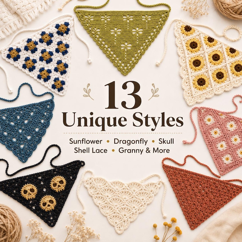 May include: A collection of eight triangular crochet bandanas in various colors and patterns, including sunflowers, dragonflies, skulls, and lace. The center text reads 13 Unique Styles, Sunflower, Dragonfly, Skull, Shell Lace, Granny & More.