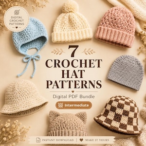 May include: A collection of seven crochet hat patterns in a digital PDF bundle. The image displays a light blue bonnet, a cream pom-pom beanie, a pink textured beanie, a gray beanie, a beige bucket hat, a cat-ear hat, and a brown checkered bucket hat.