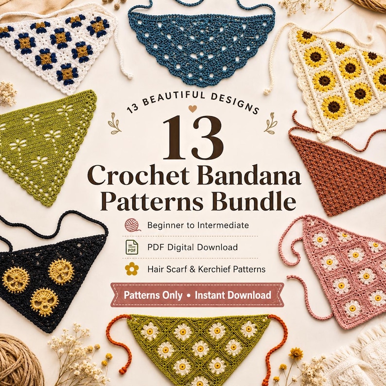 May include: A digital bundle of 13 crochet bandana patterns featuring various designs including floral, skull, and geometric motifs in colors like white, blue, green, yellow, and pink. The text reads 13 Beautiful Designs 13 Crochet Bandana Patterns Bundle.