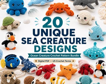 20 Ocean Creatures Crochet Pattern Bundle | Intermediate Amigurumi Sea Animal Plushie | PDF Download
