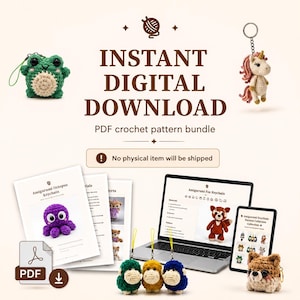 May include: A digital PDF crochet pattern bundle featuring instructions for amigurumi keychains. The image displays a green frog, a unicorn, an octopus, a fox, and three small monkey keychains, alongside a laptop and tablet showing pattern pages.