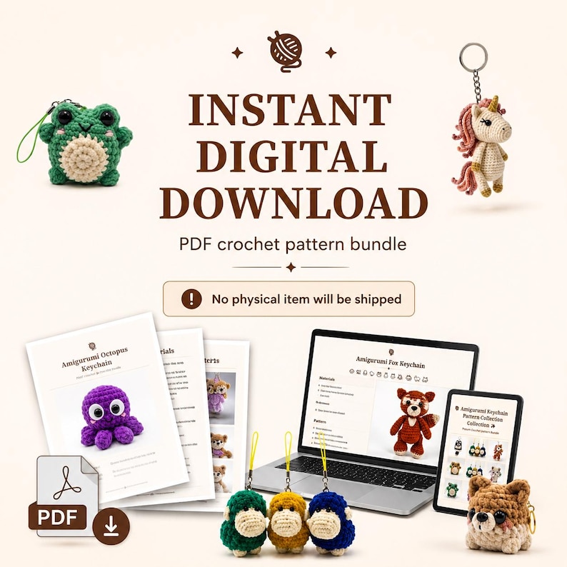 May include: A digital PDF crochet pattern bundle featuring instructions for amigurumi keychains. The image displays a green frog, a unicorn, an octopus, a fox, and three small monkey keychains, alongside a laptop and tablet showing pattern pages.