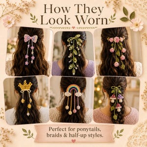 May include: A selection of crochet hair accessories, such as bows, floral arrangements, and a crown, displayed in a collage. The accessories are shown in ponytails and braids. Text reads "How They Look Worn" and "Perfect for ponytails, braids & half-up styles."