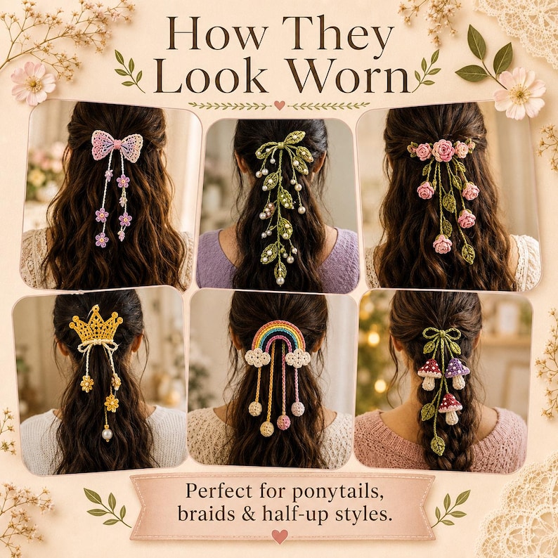 May include: A selection of crochet hair accessories, such as bows, floral arrangements, and a crown, displayed in a collage. The accessories are shown in ponytails and braids. Text reads "How They Look Worn" and "Perfect for ponytails, braids & half-up styles."