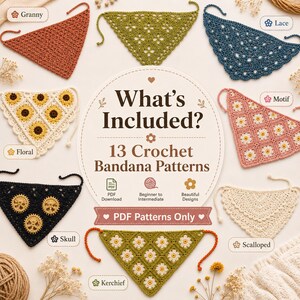 May include: A collection of 13 crochet bandana patterns featuring various designs including granny, lace, floral, motif, skull, scalloped, and kerchief styles. The central text reads What's Included? 13 Crochet Bandana Patterns, PDF Download, Beginner to Intermediate, Beautiful Designs, and PDF Patterns Only.