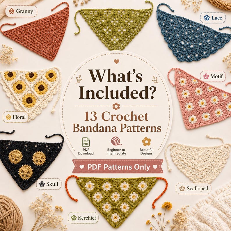 May include: A collection of 13 crochet bandana patterns featuring various designs including granny, lace, floral, motif, skull, scalloped, and kerchief styles. The central text reads What's Included? 13 Crochet Bandana Patterns, PDF Download, Beginner to Intermediate, Beautiful Designs, and PDF Patterns Only.