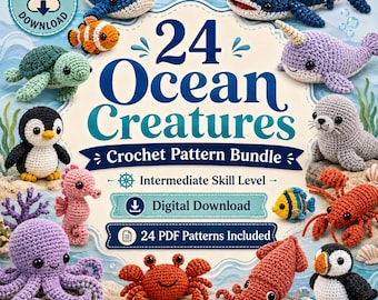DIY Mini Sea Creatures Crochet Collection, No-Sew Amigurumi Patterns - 24 Pack