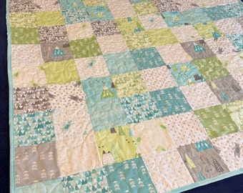 Large Baby/nursery  quilt  "In the Mountains and Clouds - soft blue, gray, green colors
