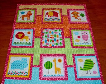 Monogrammed baby/toddler quilt - at the zoo - animals - happy menagerie (pink version)