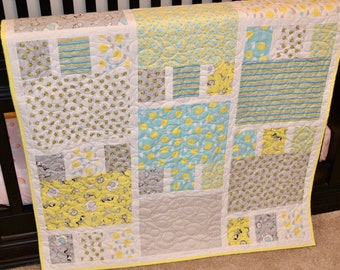 Baby/Nursery quilt handmade -  Sun, animals yellow, grays and blues