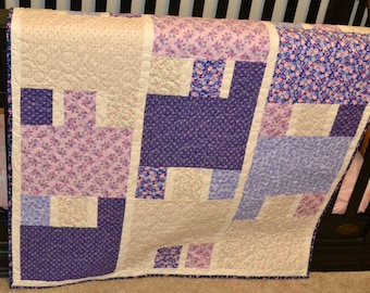 Baby/Nursery quilt handmade - pink, purple, blues and cream